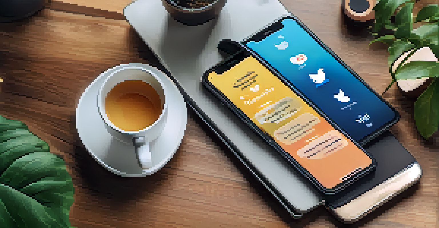 A smartphone displaying a positive social media feed with wellness content, placed on a cozy workspace with a cup of tea.