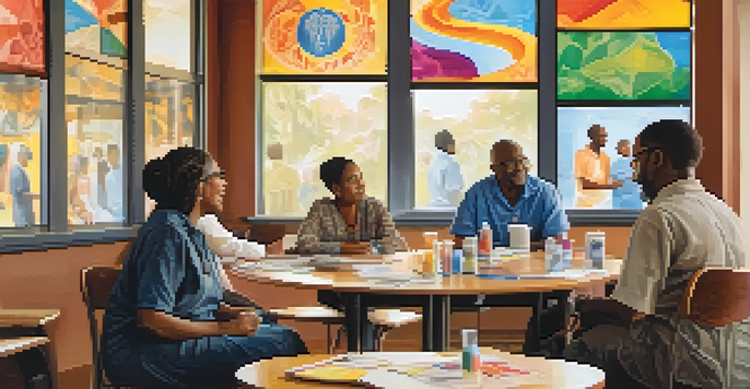 A cultural broker facilitating a health discussion with a diverse group of community members around a table, surrounded by health education posters.