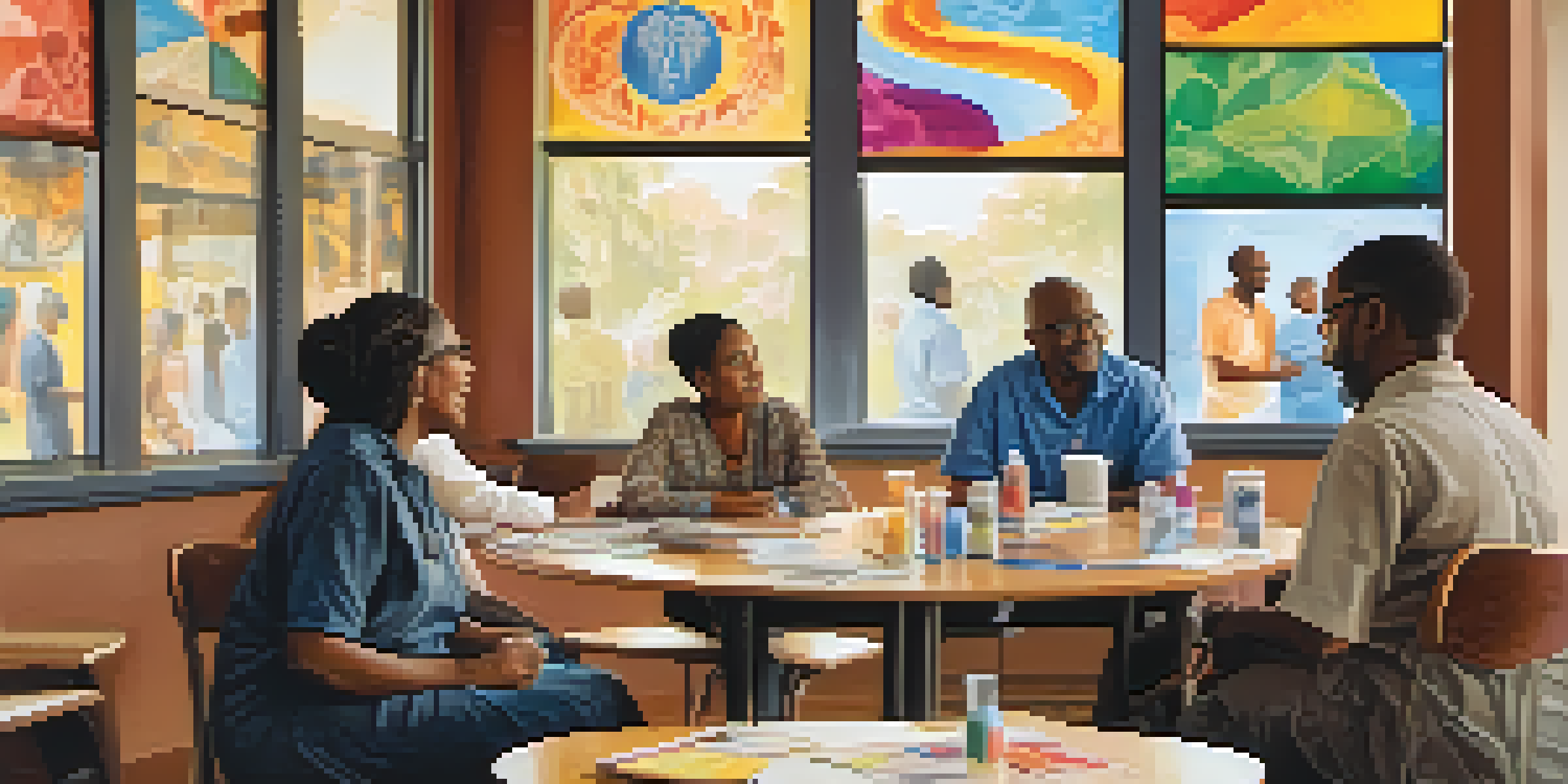 A cultural broker facilitating a health discussion with a diverse group of community members around a table, surrounded by health education posters.