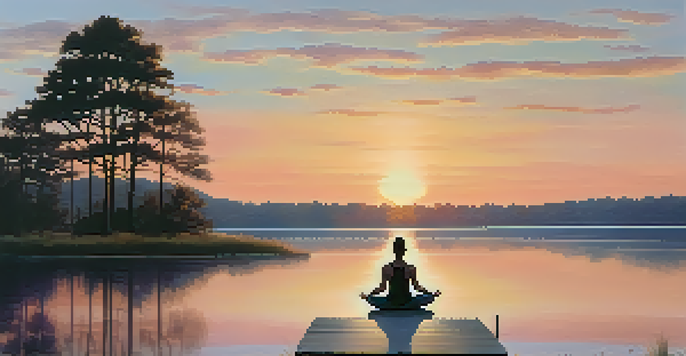 A peaceful sunrise over a lake with a person doing yoga on a dock, surrounded by trees.