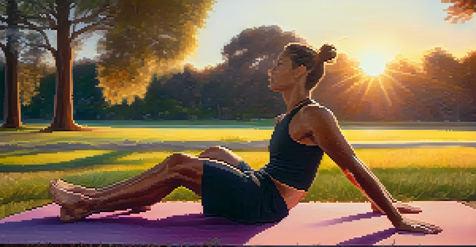 An athlete in a restorative yoga pose on a mat in a park during sunset, radiating relaxation and tranquility.