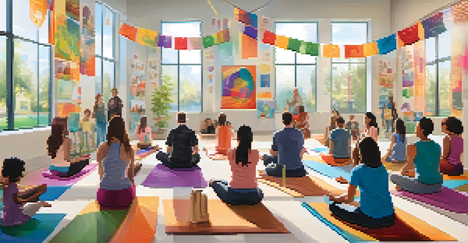 A vibrant community gathering with people practicing yoga, discussing in groups, and engaging in art therapy, set in a bright and colorful space.