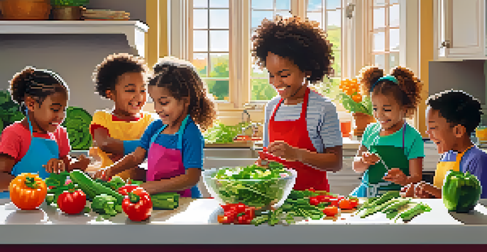 Children from diverse backgrounds happily preparing a healthy salad in a bright kitchen, with colorful vegetables on the countertop.
