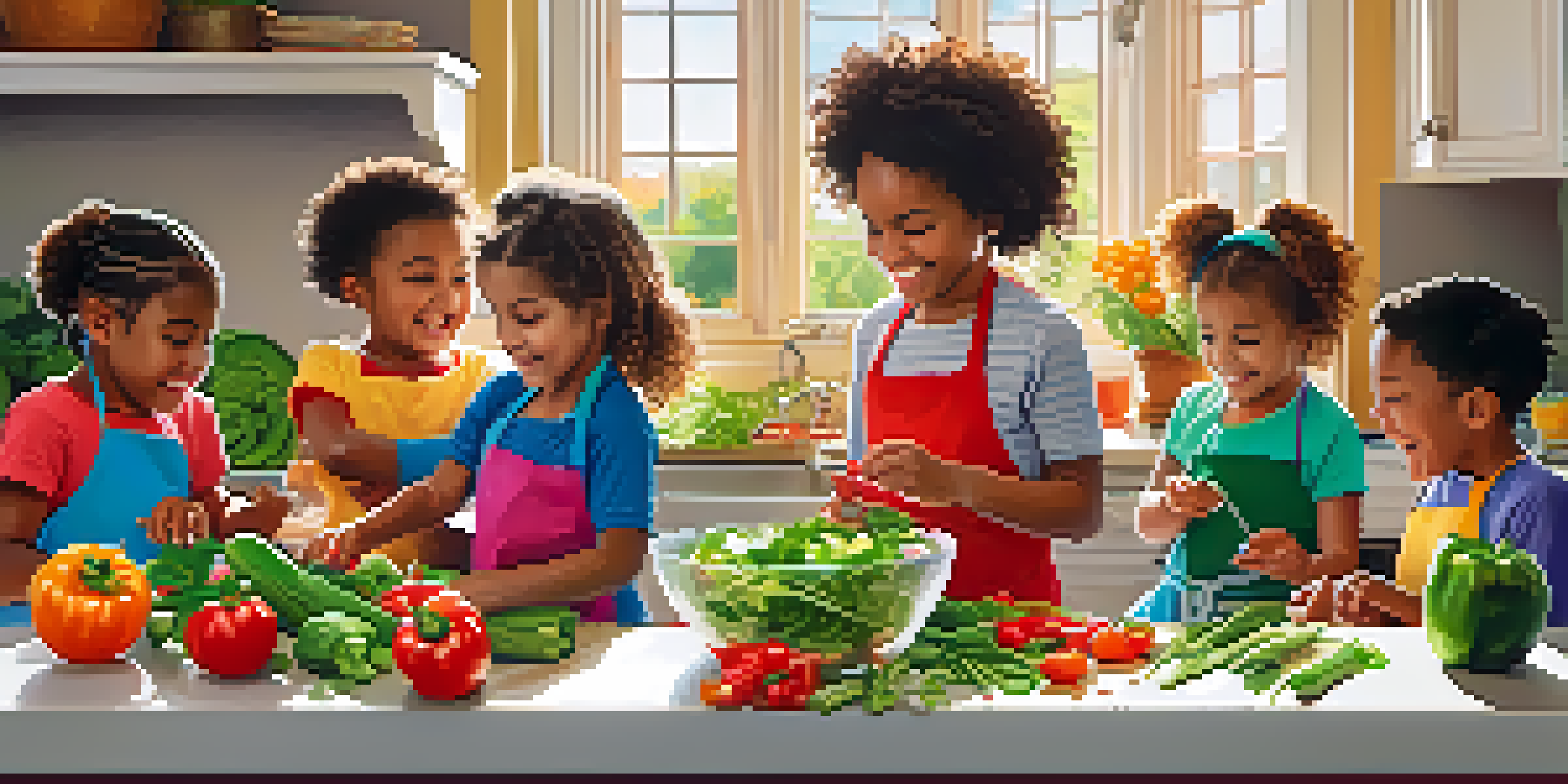 Children from diverse backgrounds happily preparing a healthy salad in a bright kitchen, with colorful vegetables on the countertop.