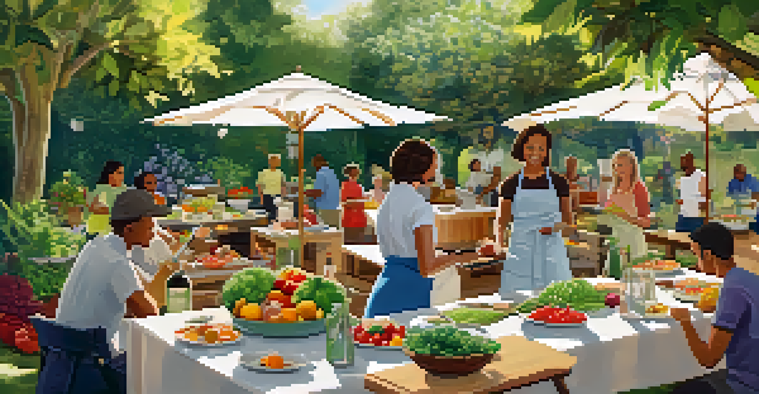 An outdoor cooking class in a garden, with participants engaging around tables filled with fresh produce and sharing recipes.