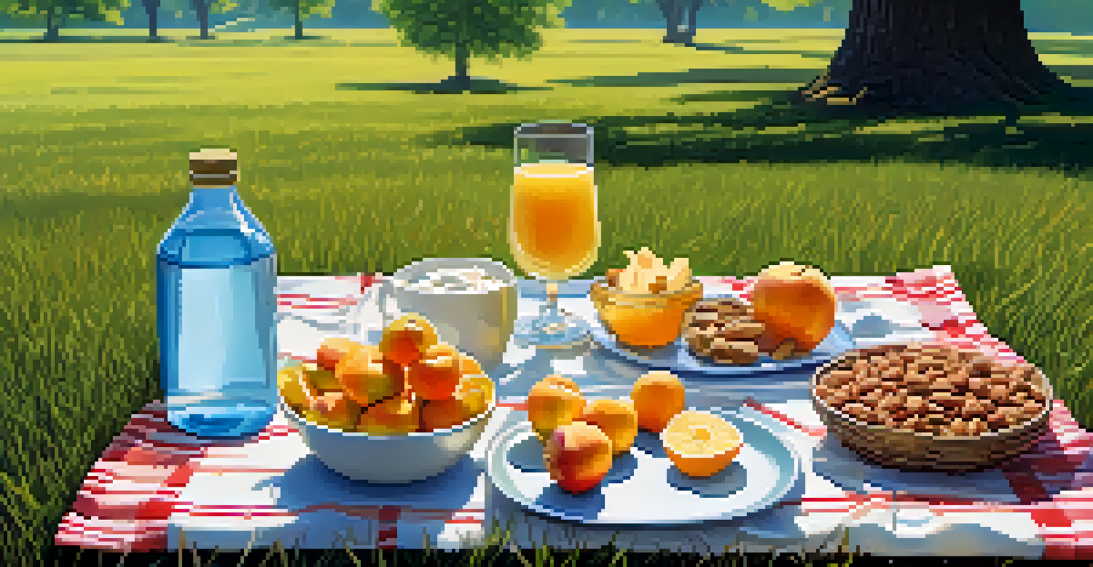 An outdoor picnic with healthy snacks like nuts and fruits on a blanket in a grassy field.