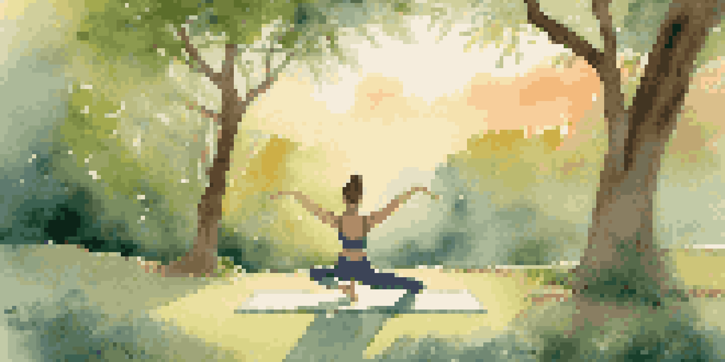 A person practicing yoga in a warrior pose on a mat in a peaceful outdoor setting during sunrise, surrounded by greenery.