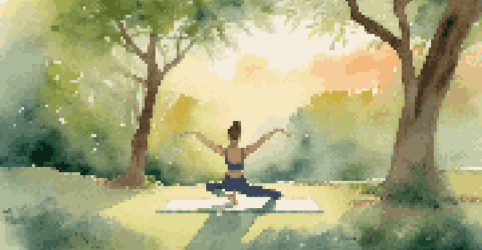 A person practicing yoga in a warrior pose on a mat in a peaceful outdoor setting during sunrise, surrounded by greenery.