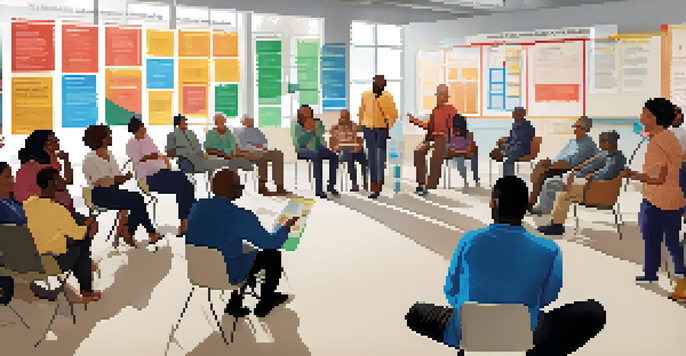 A diverse group of people discussing community health at a town hall meeting, surrounded by colorful posters and charts.