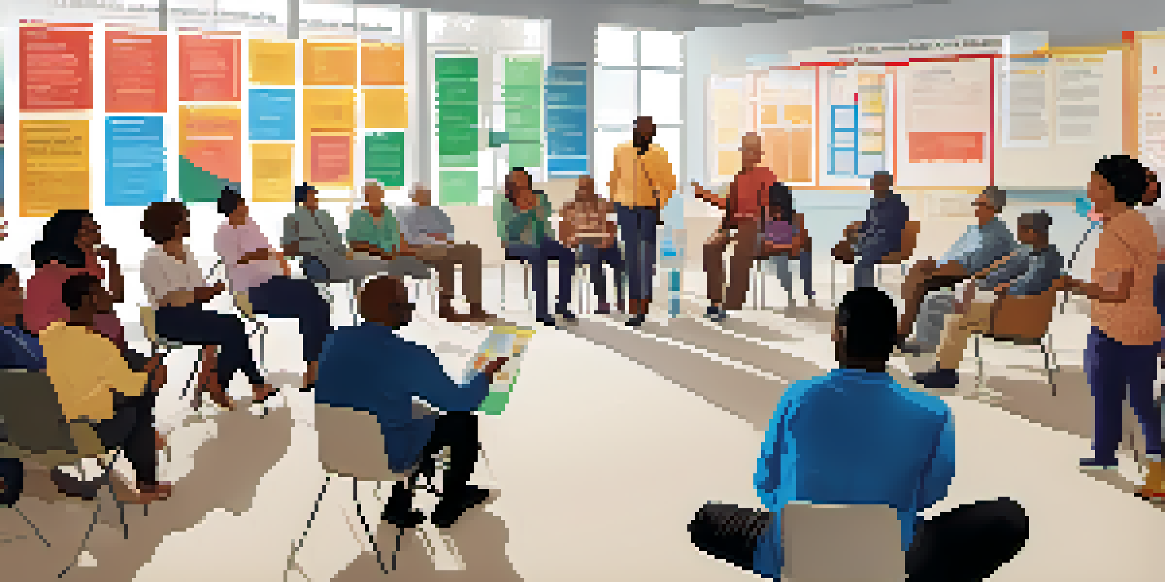 A diverse group of people discussing community health at a town hall meeting, surrounded by colorful posters and charts.