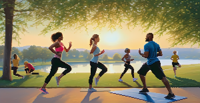 A diverse group of people exercising in a park during sunset, including joggers and yoga practitioners, surrounded by trees and warm light.