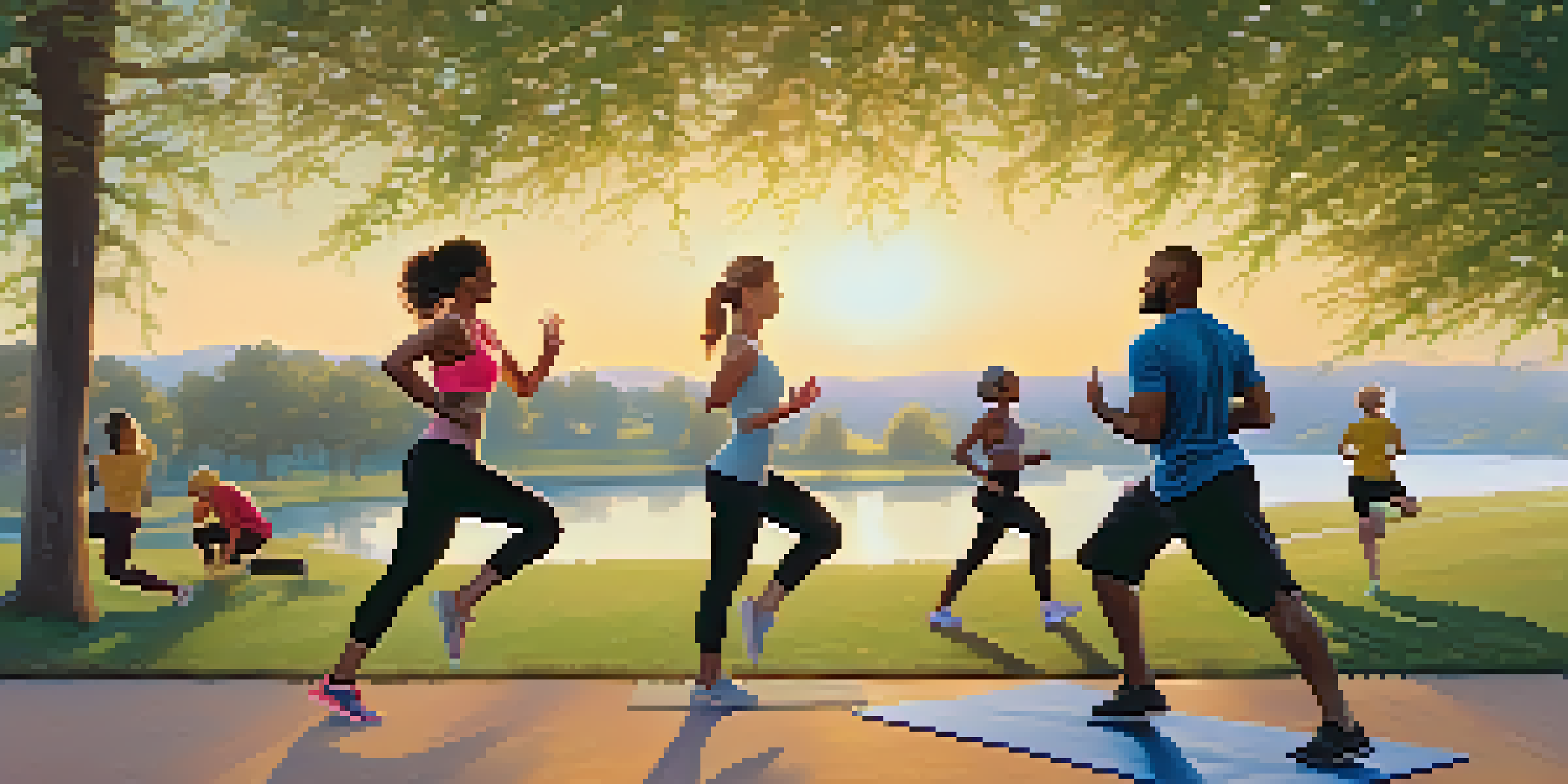 A diverse group of people exercising in a park during sunset, including joggers and yoga practitioners, surrounded by trees and warm light.