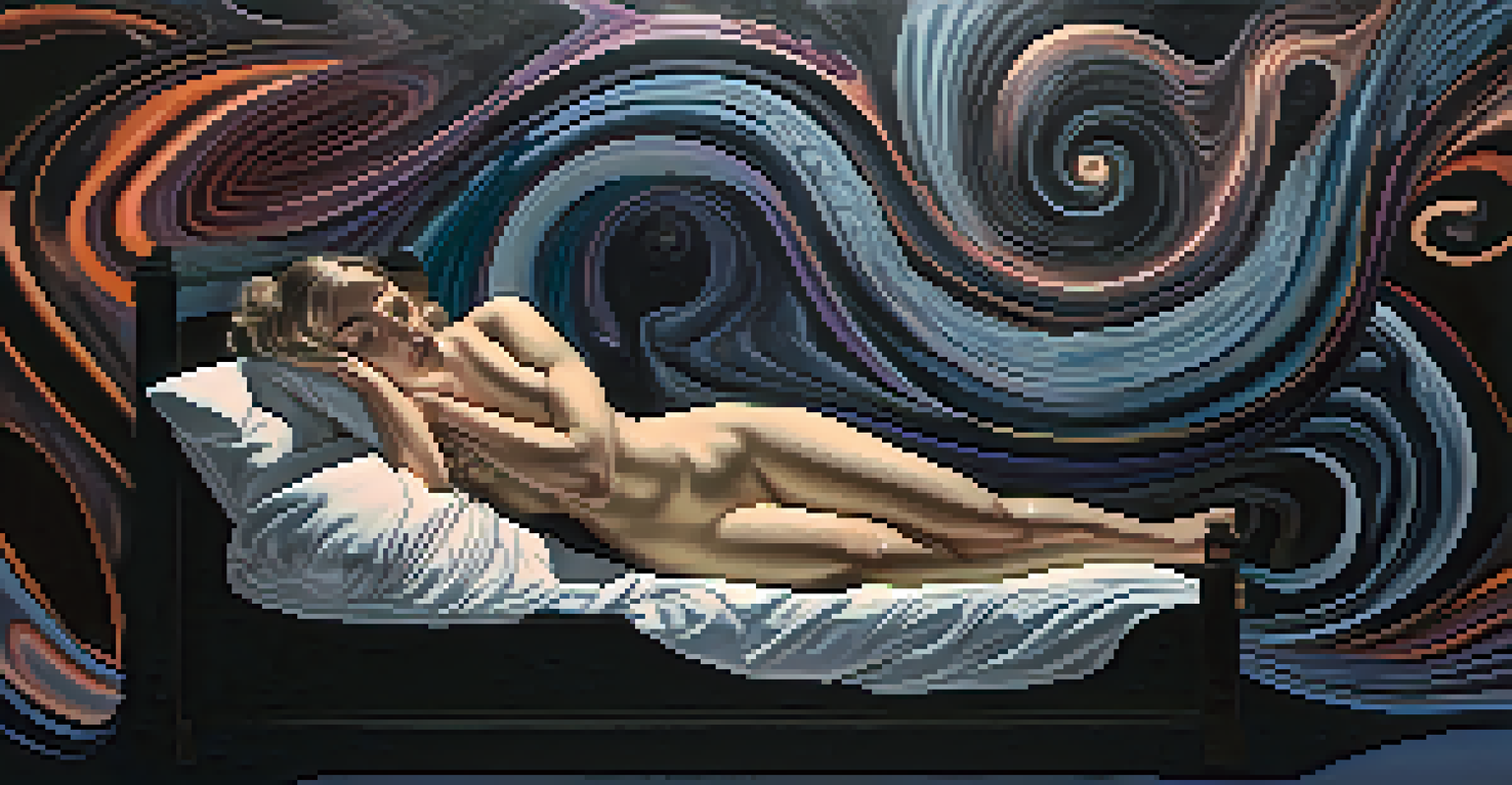An abstract image depicting a person in bed experiencing sleep paralysis, surrounded by dark colors and shadowy figures.