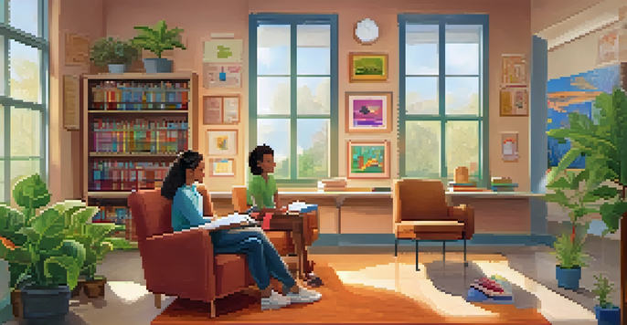 A young person talking to a school counselor in a comfortable, well-lit office filled with colorful artwork and plants.