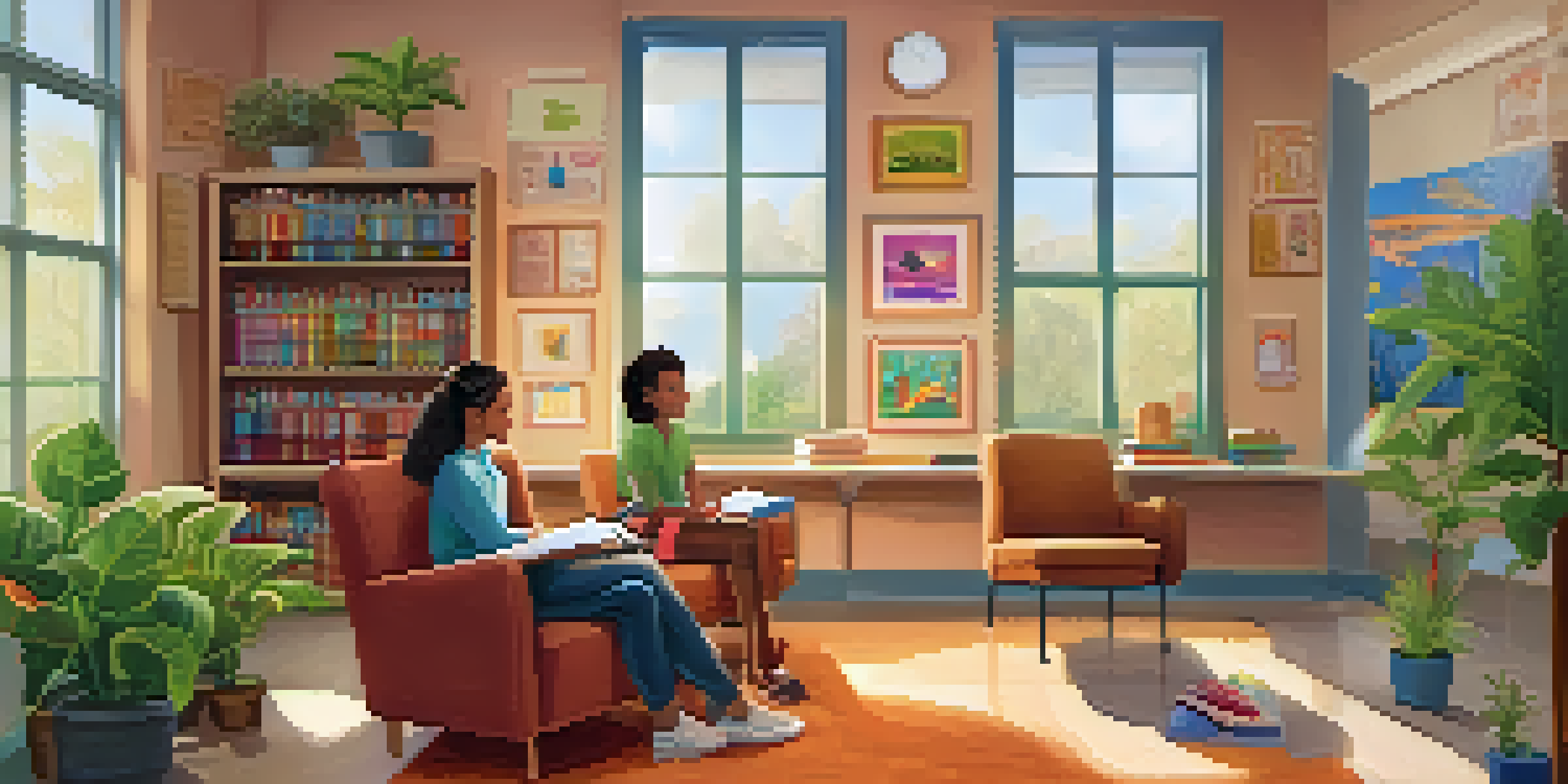 A young person talking to a school counselor in a comfortable, well-lit office filled with colorful artwork and plants.