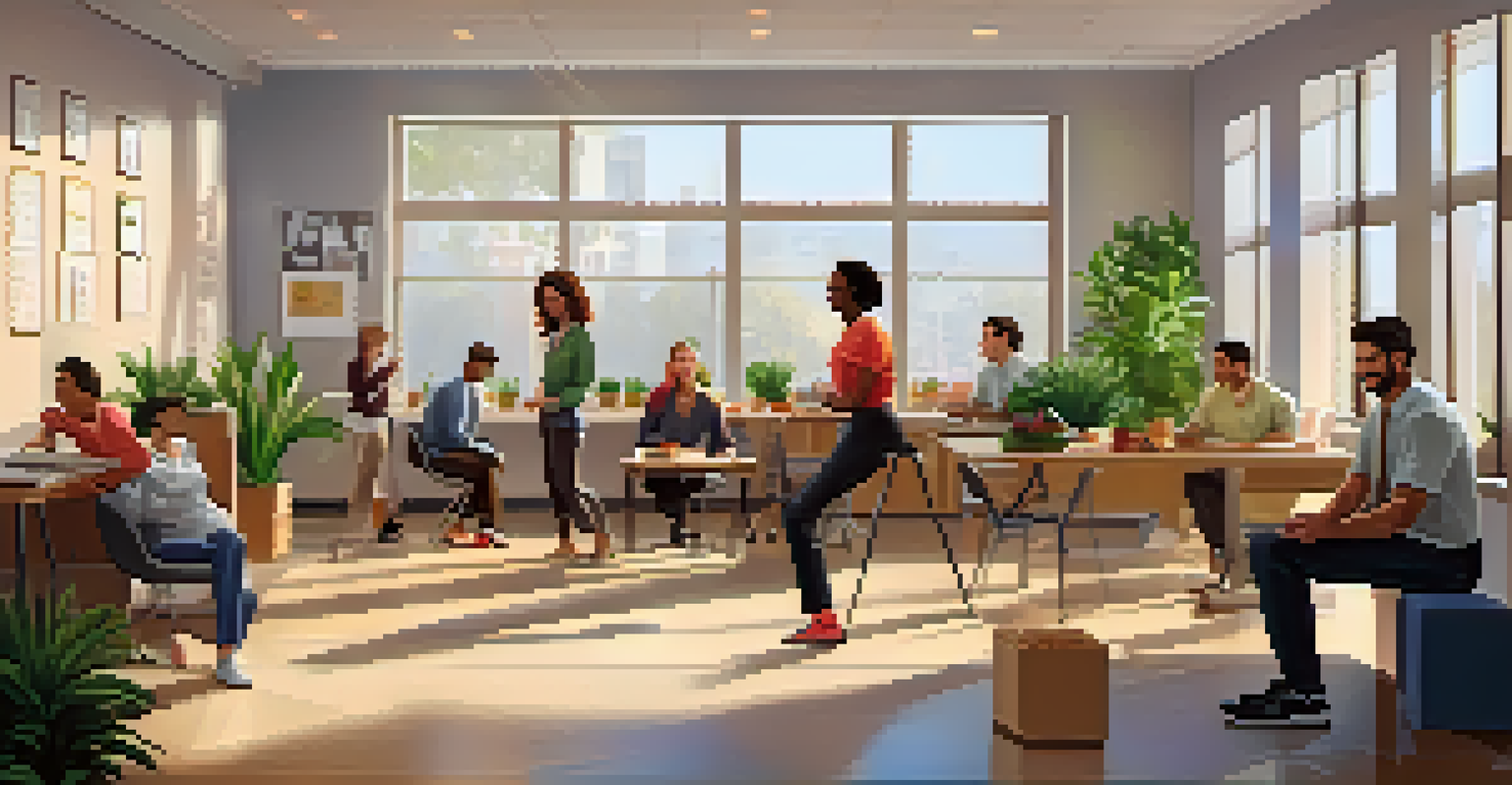 Employees participating in a stretching session in a warm and inviting office break room filled with plants.