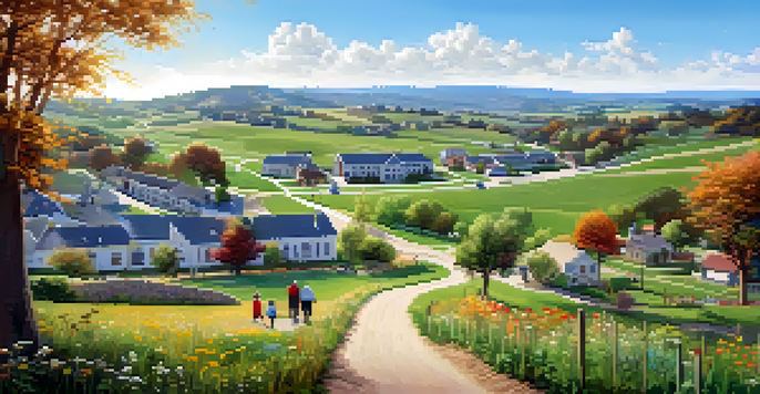 A peaceful rural community with a hospital in the distance, surrounded by flowers and hills, depicting residents of various ages.