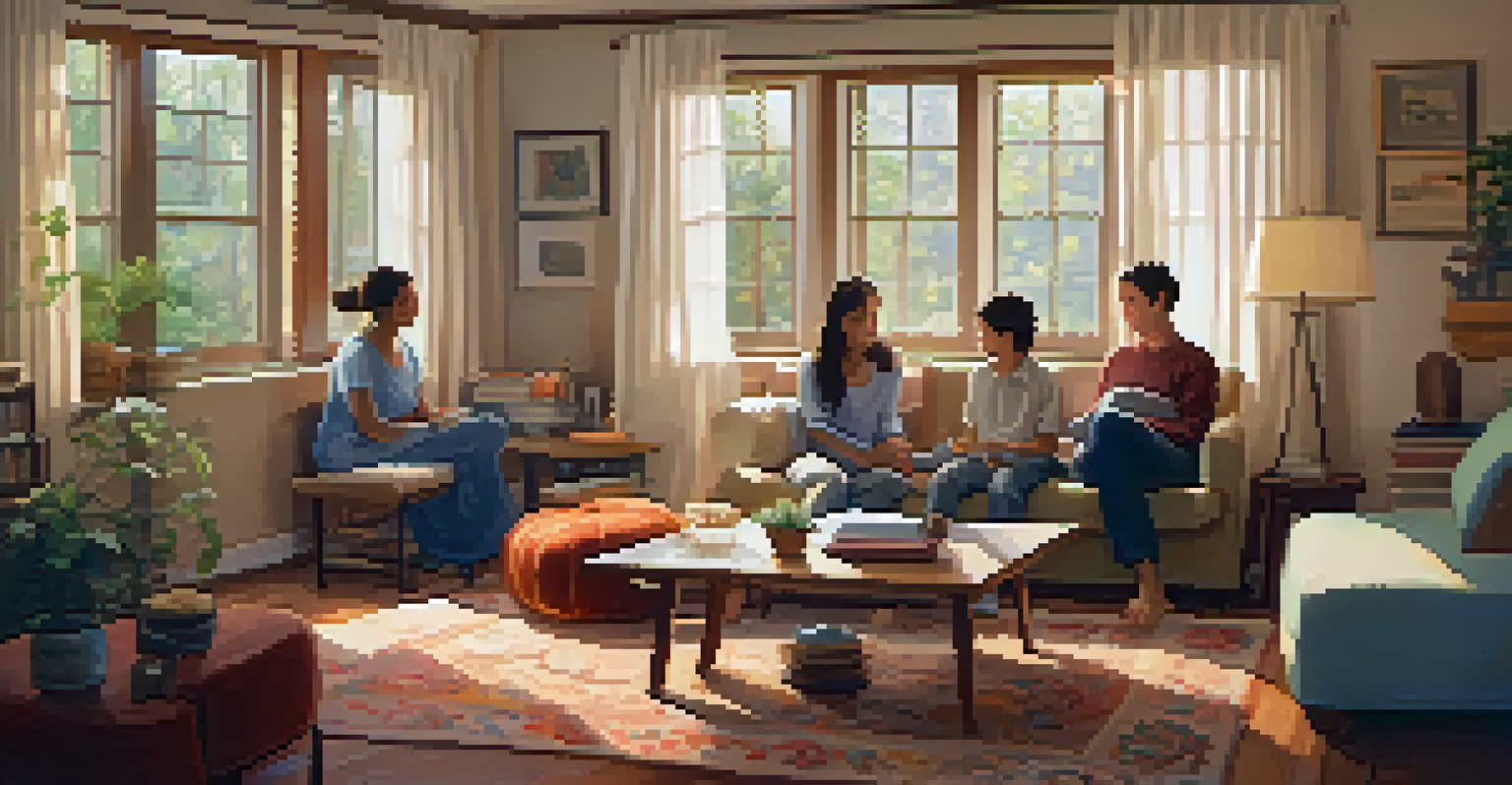 A warm family room where parents and children are practicing mindfulness activities together, creating an atmosphere of love and support.