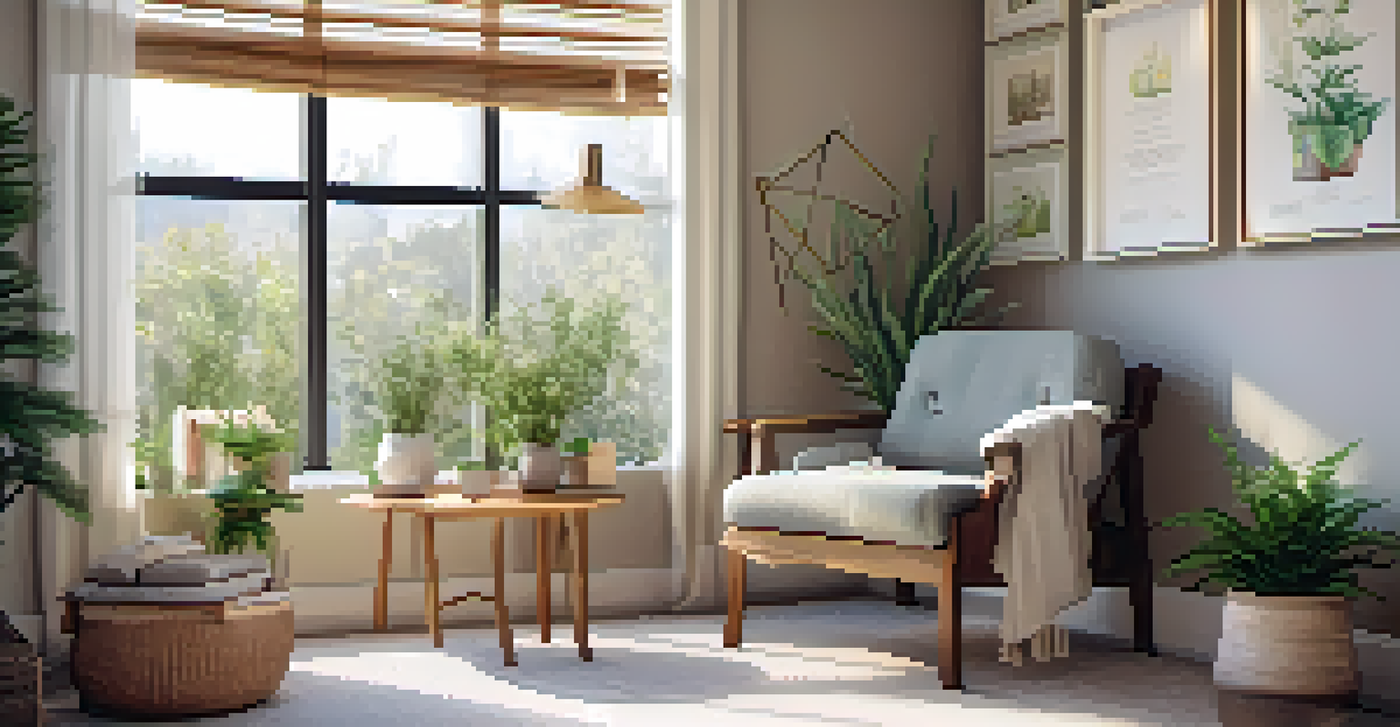 A cozy wellness corner with a chair, herbs, and books, designed for relaxation.