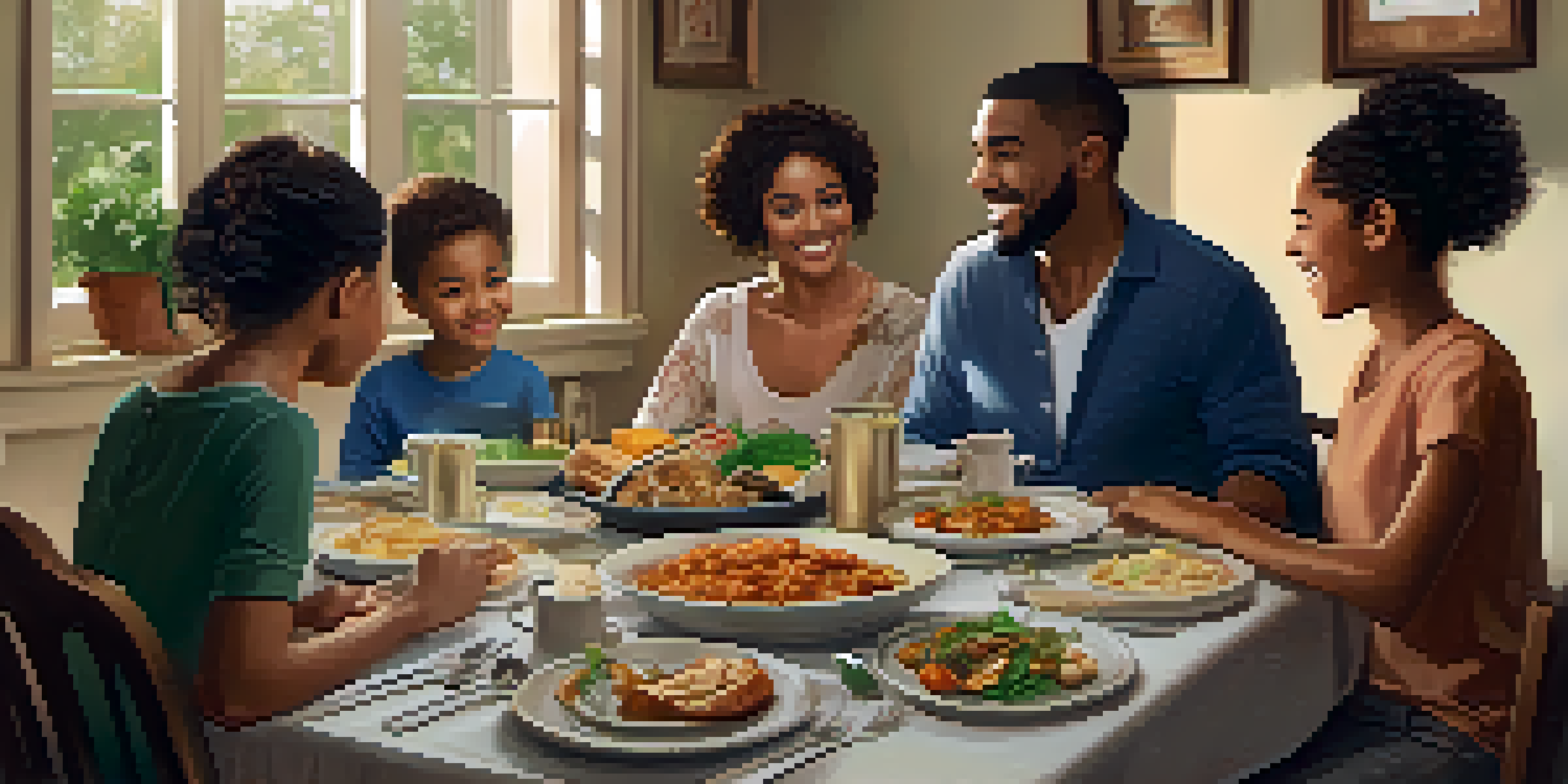 A diverse family enjoying dinner together at a wooden table, smiling and sharing stories in a cozy dining room.