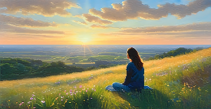 A person sitting on a hill surrounded by wildflowers, smiling peacefully as the sun sets in a beautiful sky.