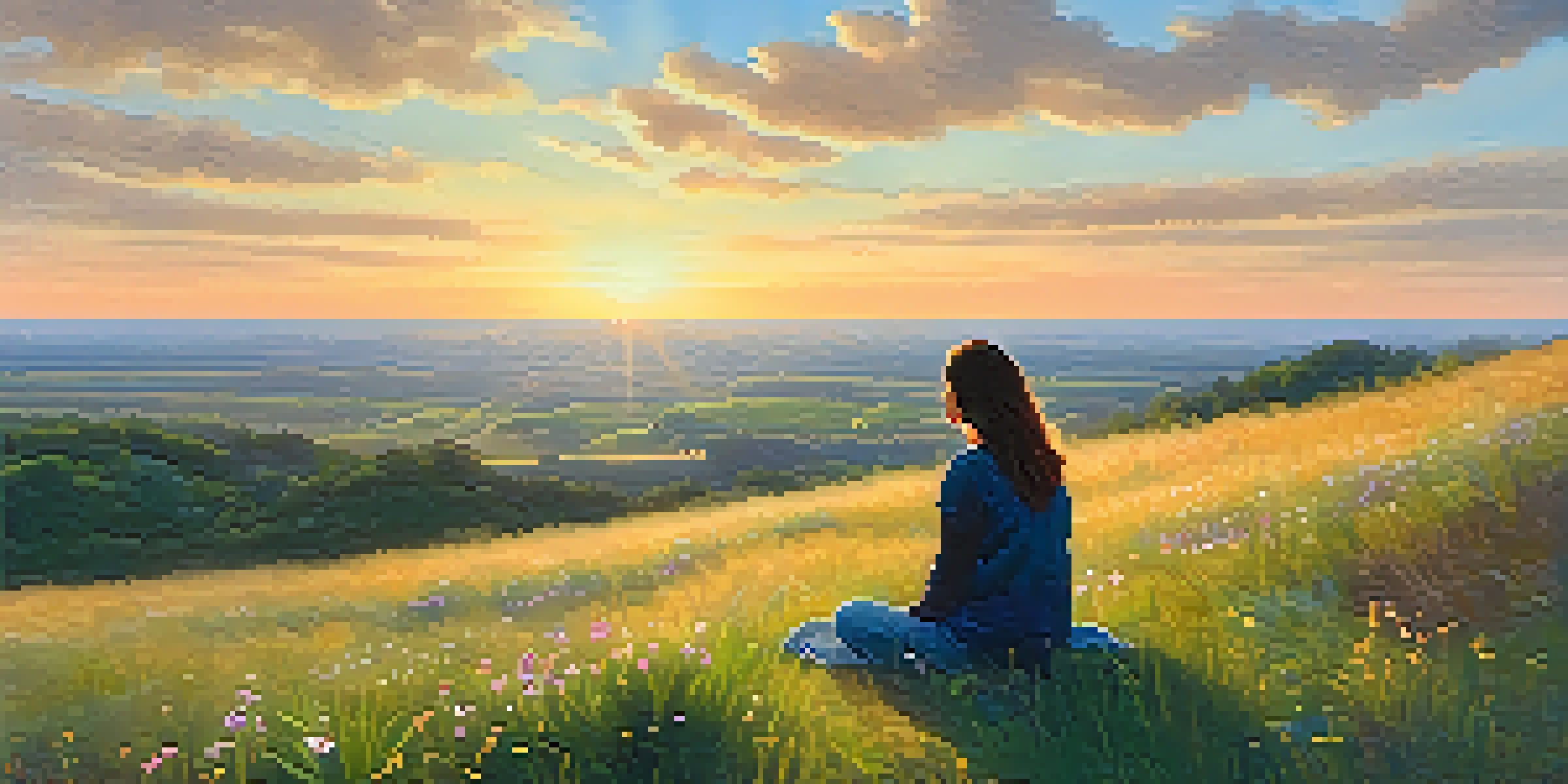 A person sitting on a hill surrounded by wildflowers, smiling peacefully as the sun sets in a beautiful sky.