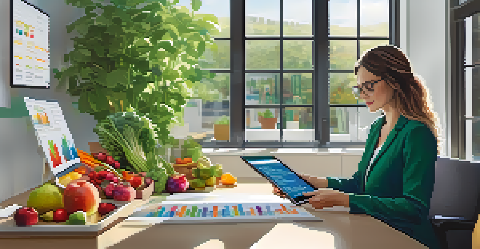 A nutritionist examining dietary assessment data on a tablet in a bright office filled with plants and healthy foods.
