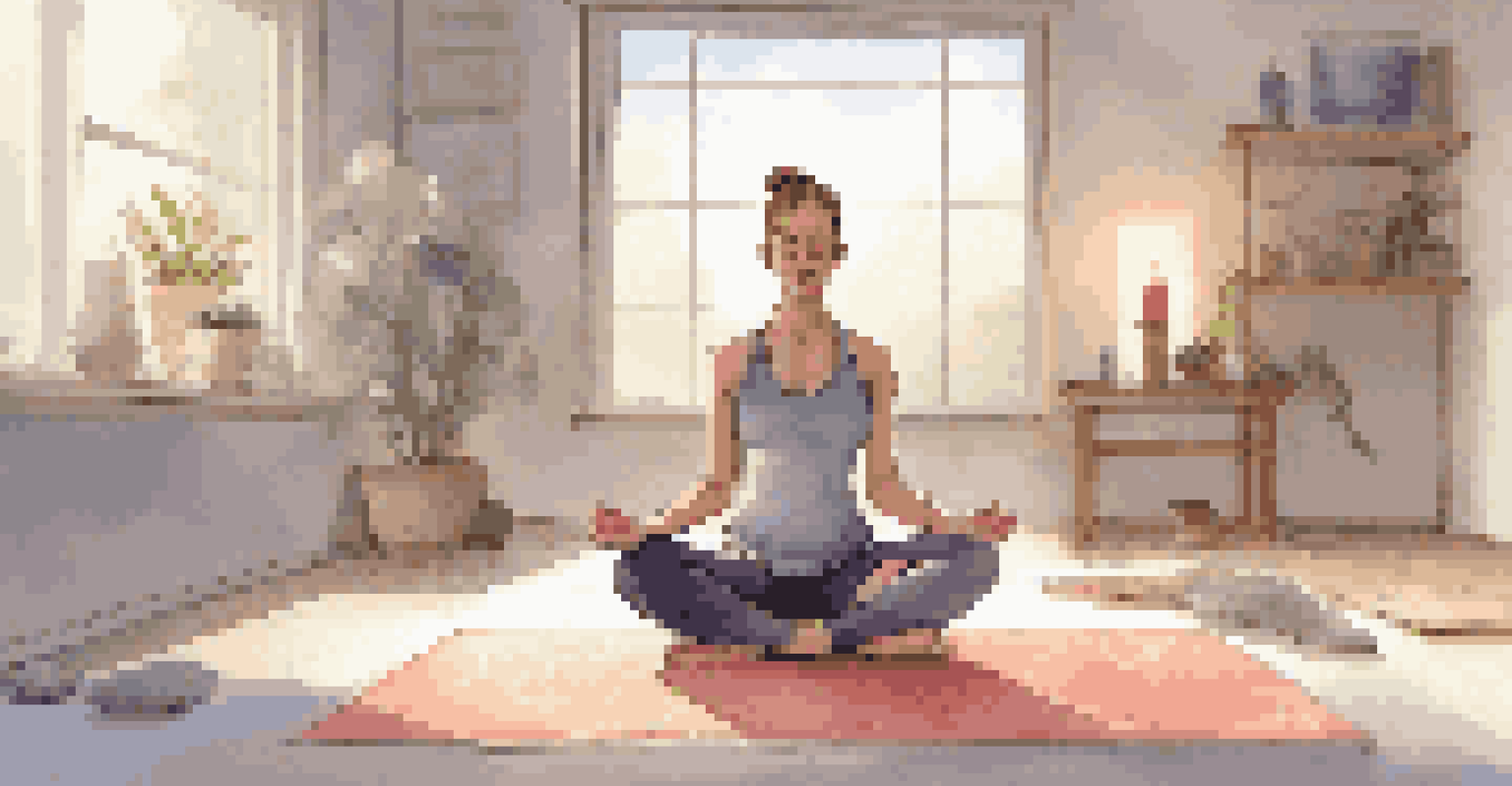 A person meditating on a yoga mat surrounded by calming elements, with a digital display in the corner showing biohacking progress.