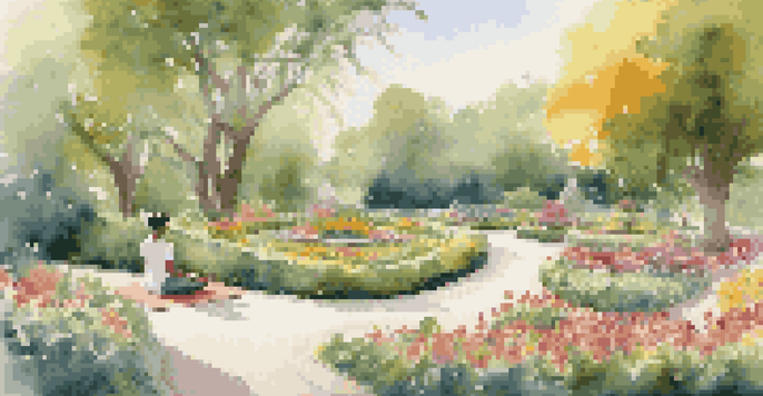 A tranquil park scene featuring a person doing yoga on a mat surrounded by trees and flowers, illuminated by soft morning light.