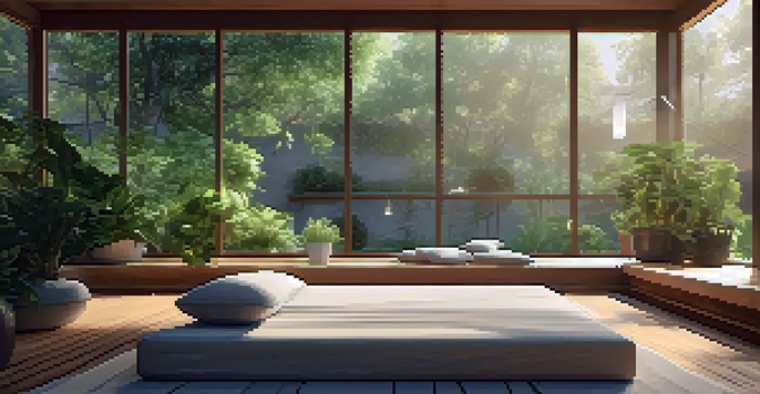 A cozy meditation corner with a cushion, plants, and soft candlelight, overlooking a peaceful garden.