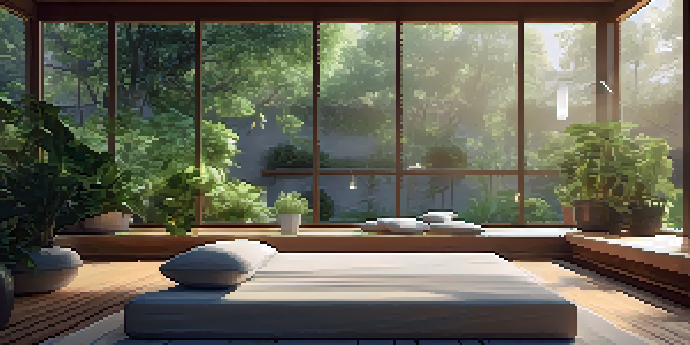 A cozy meditation corner with a cushion, plants, and soft candlelight, overlooking a peaceful garden.