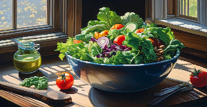 A colorful salad bowl overflowing with fresh vegetables, highlighted by warm sunlight in a cozy kitchen setting.