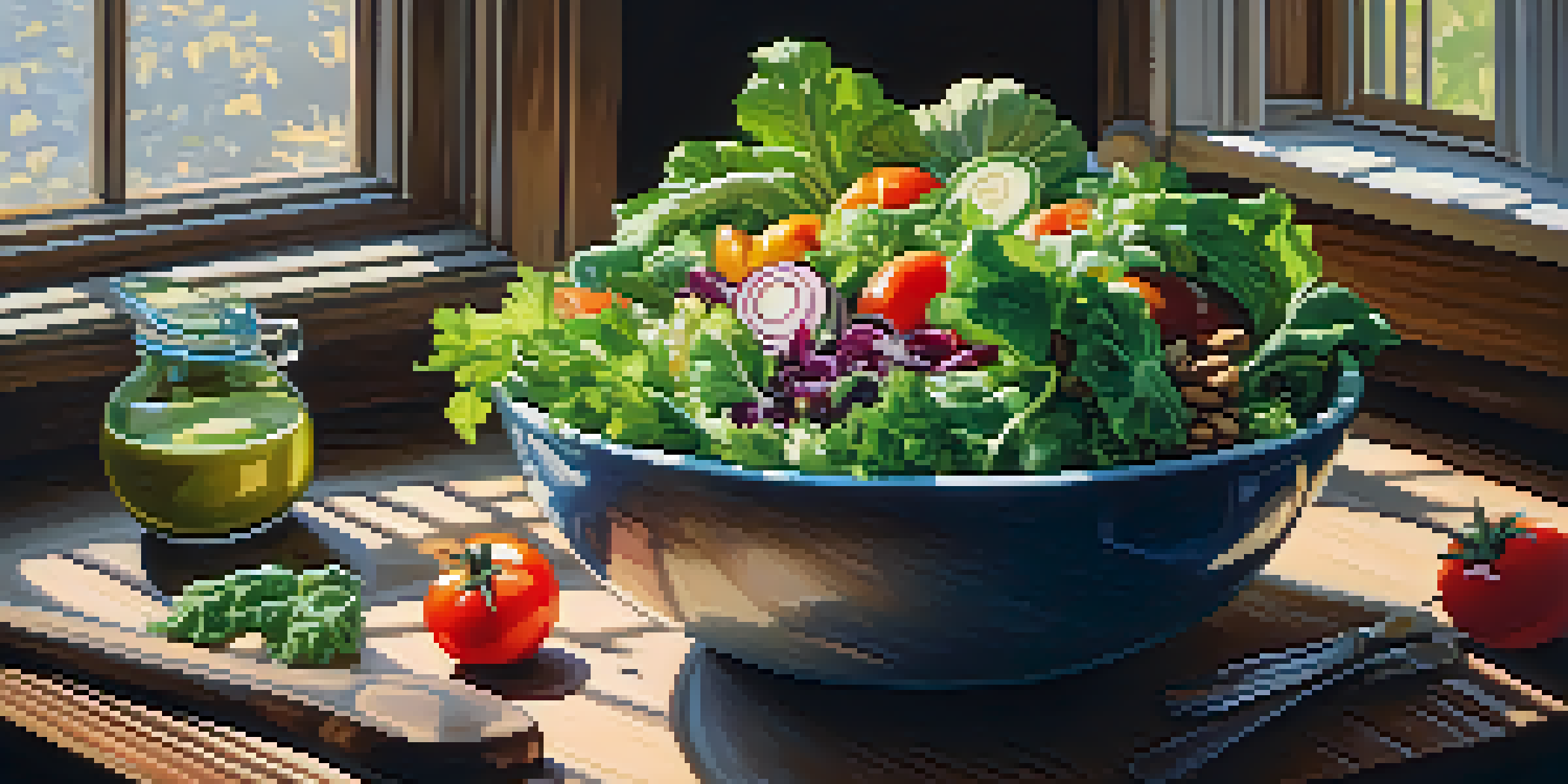 A colorful salad bowl overflowing with fresh vegetables, highlighted by warm sunlight in a cozy kitchen setting.