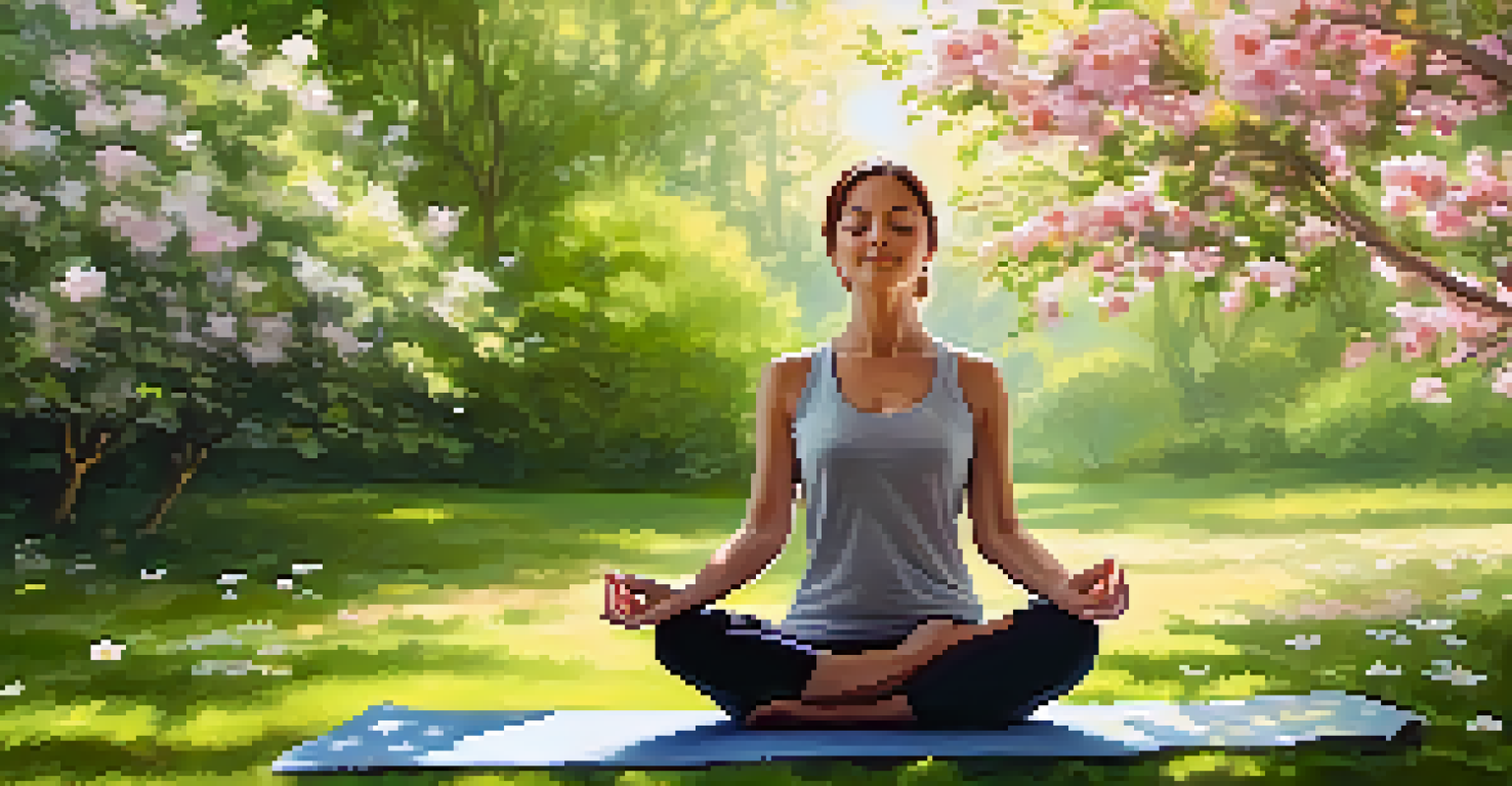 A person practicing yoga in a green park, surrounded by trees and flowers, promoting wellness and stress relief.