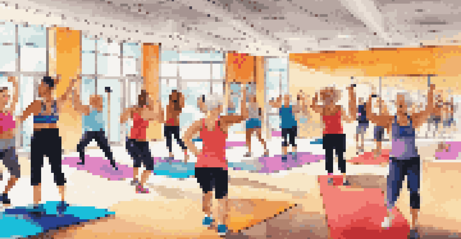 An energetic fitness class with diverse participants engaging in an aerobic workout indoors.