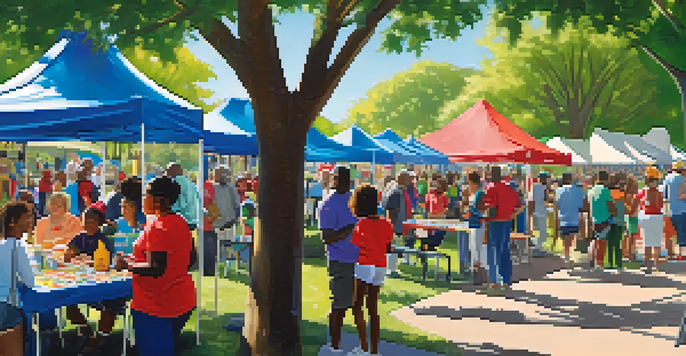 A lively community health fair in a park with diverse families participating in health activities and colorful booths offering screenings and information.