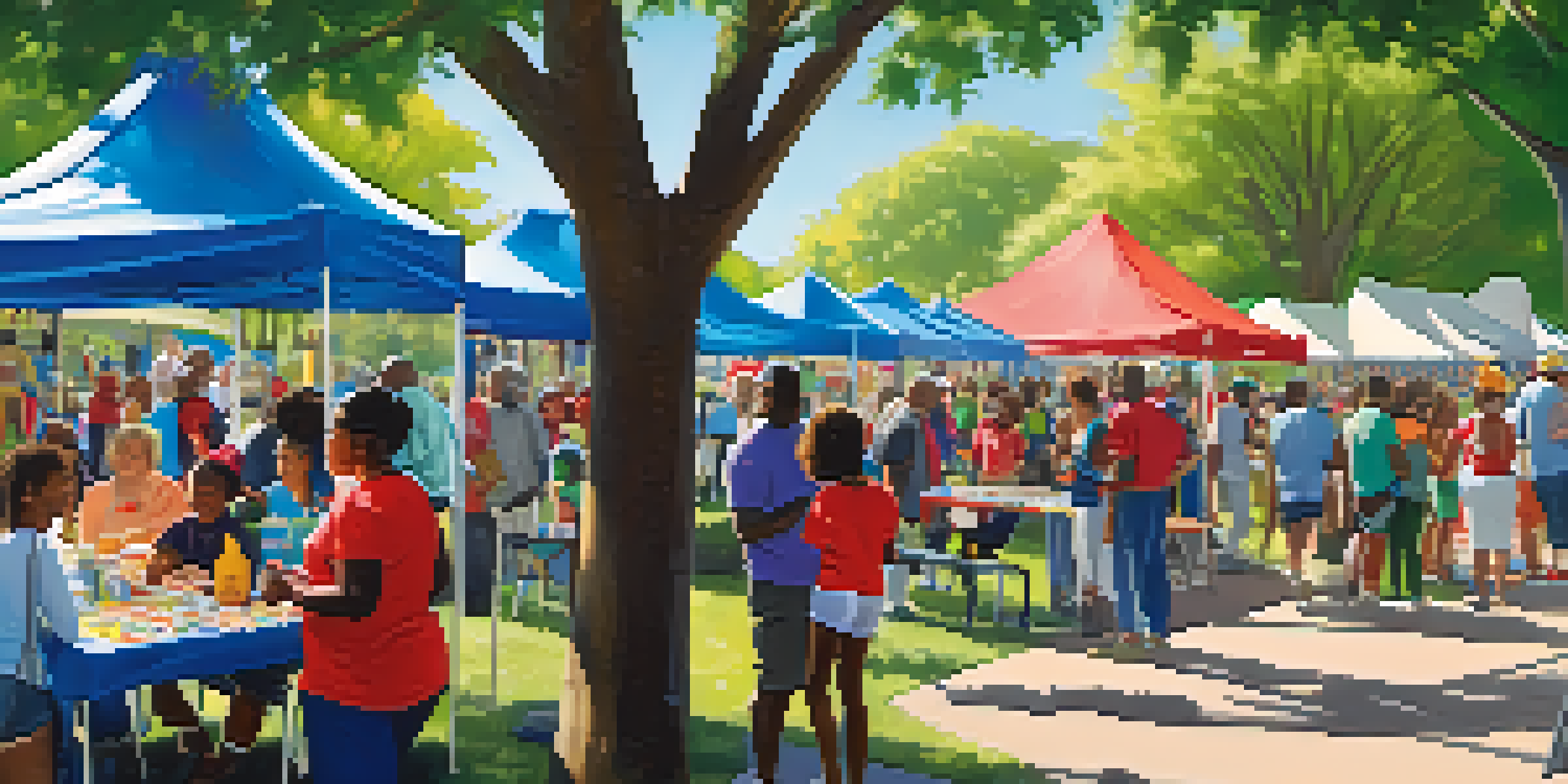 A lively community health fair in a park with diverse families participating in health activities and colorful booths offering screenings and information.