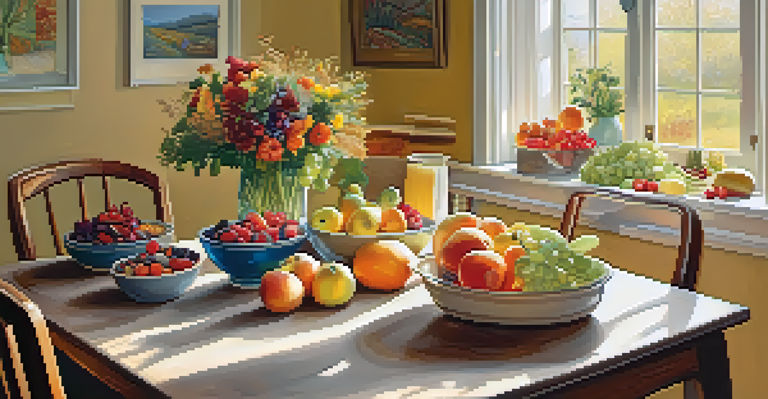 A kitchen table filled with a variety of healthy foods like fruits and vegetables, illuminated by warm natural light.