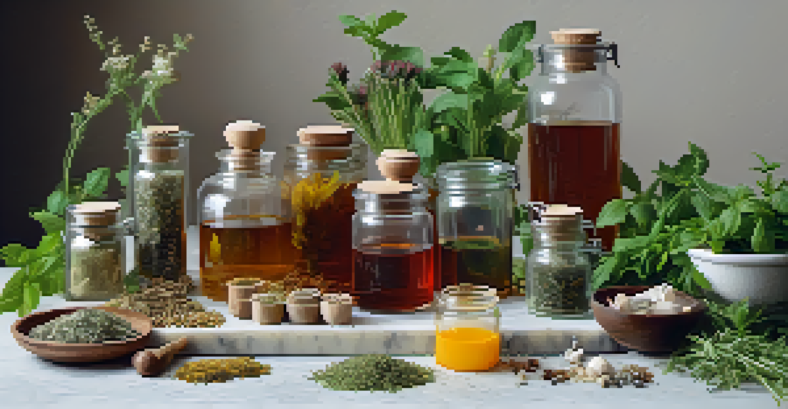 An arrangement of dried and fresh herbs on a marble countertop, including jars and a mortar and pestle, with notes on herbal benefits.
