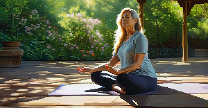 A middle-aged woman practicing yoga in a sunny park, surrounded by greenery and flowers, showcasing a peaceful expression.