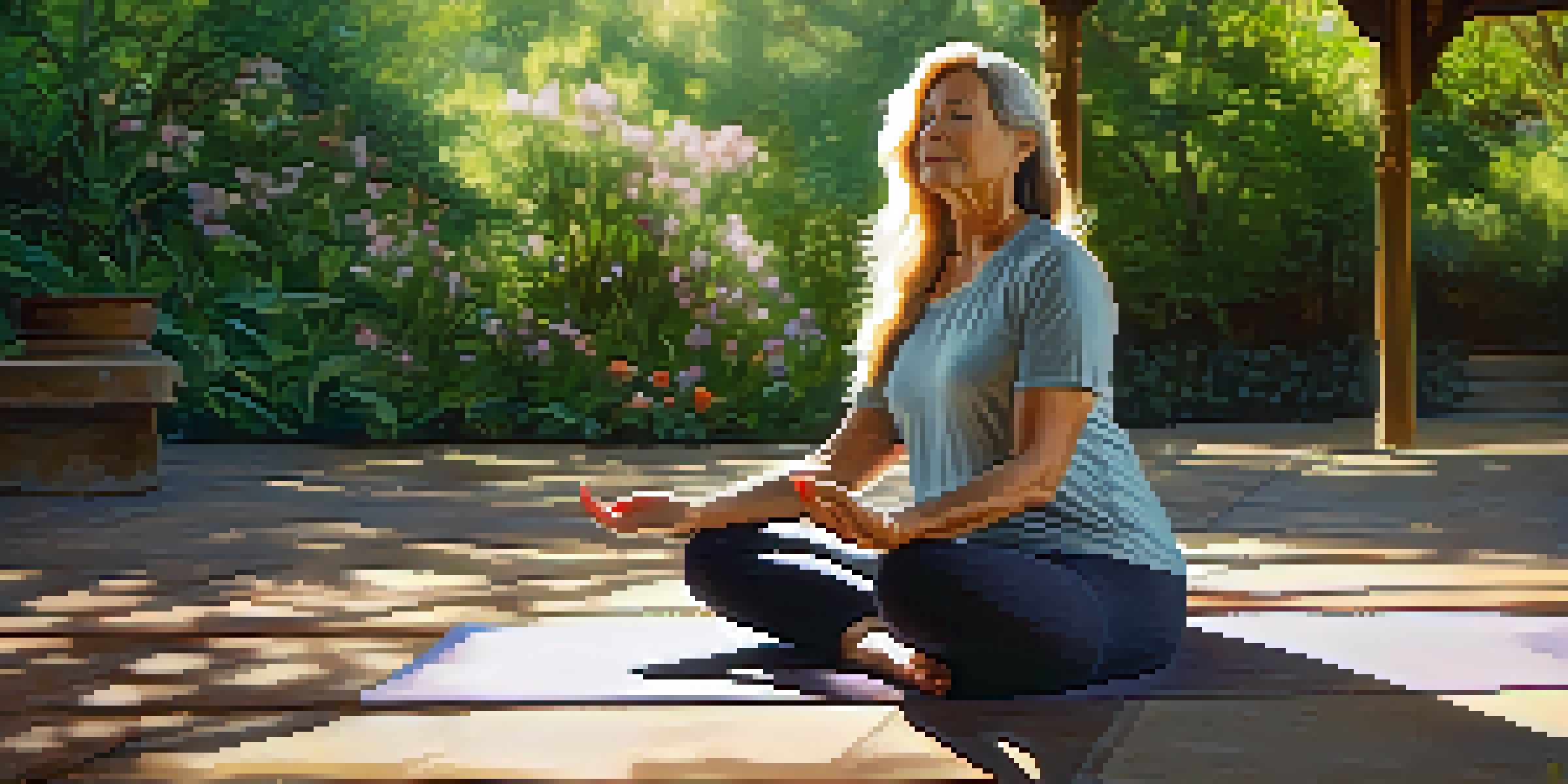 A middle-aged woman practicing yoga in a sunny park, surrounded by greenery and flowers, showcasing a peaceful expression.