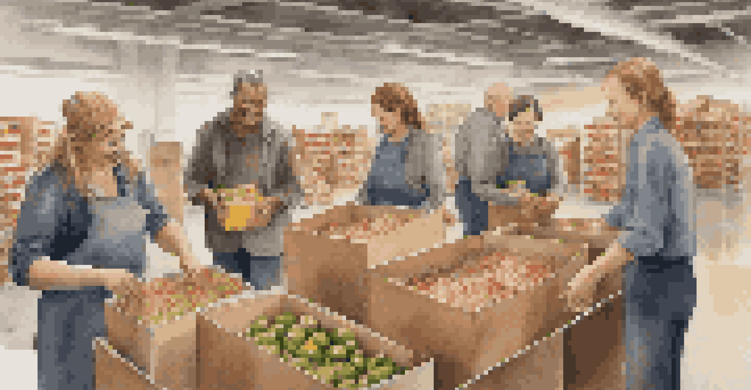 A group of colleagues working together in a food bank, sorting and packing food with smiles on their faces, representing teamwork and community engagement.
