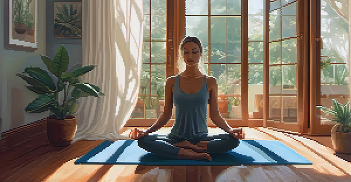 A person practicing yoga in a sunlit room filled with plants, with a journal and herbal tea beside them, illustrating self-care and mindfulness.