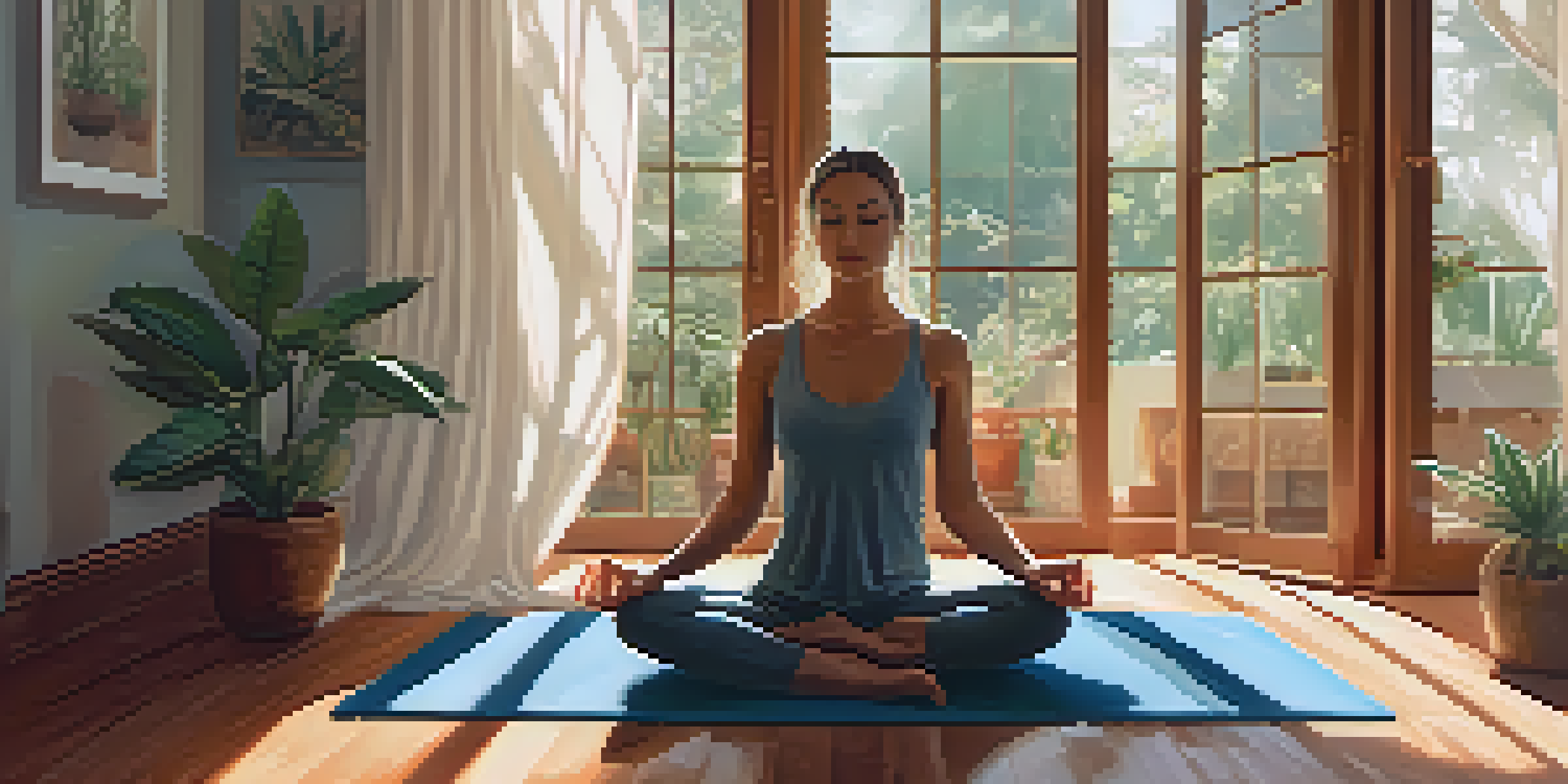 A person practicing yoga in a sunlit room filled with plants, with a journal and herbal tea beside them, illustrating self-care and mindfulness.