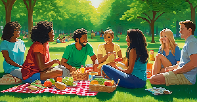 A diverse group of people having a picnic in a park, with families enjoying allergy-friendly foods under bright sunlight.