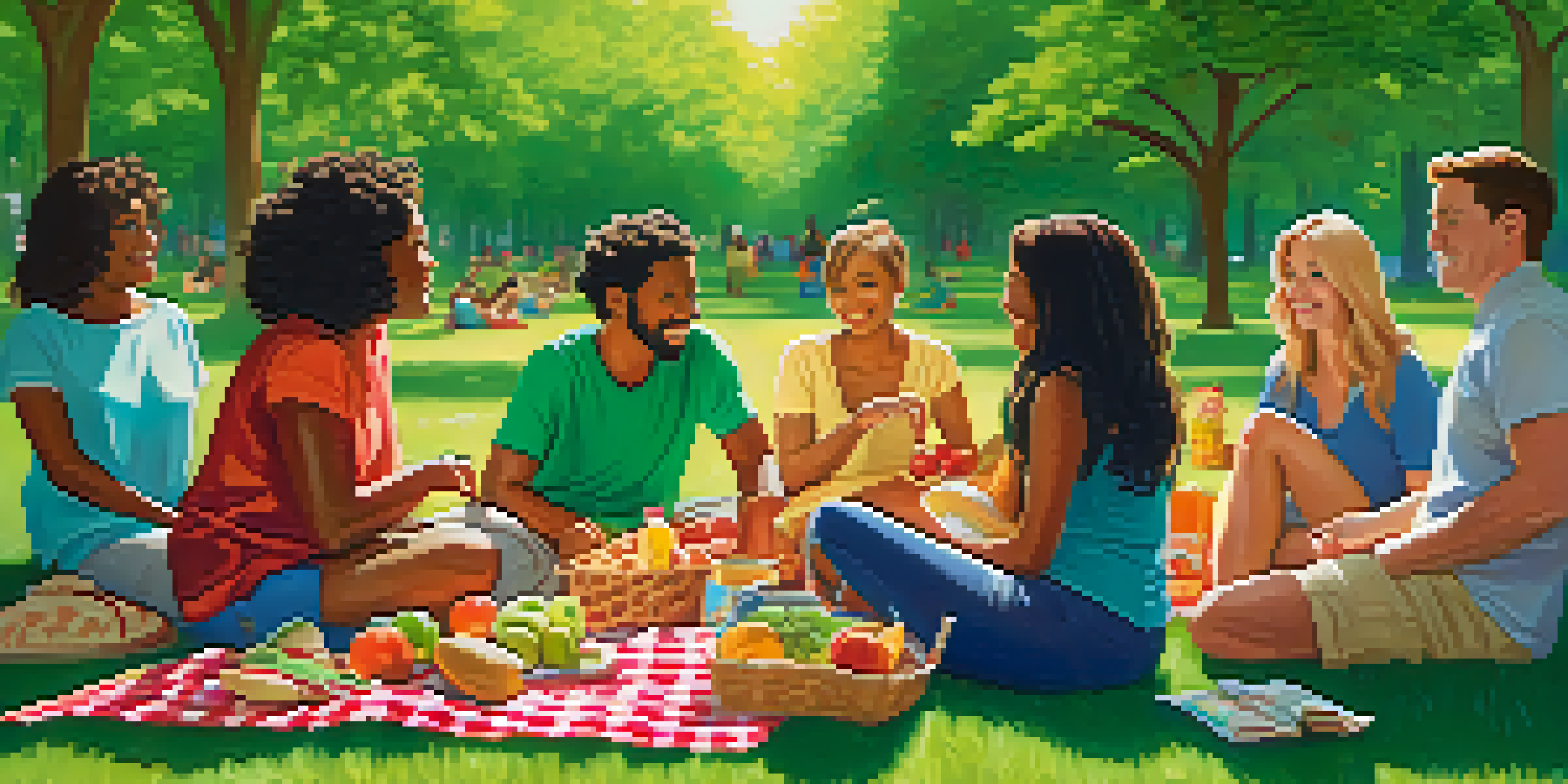 A diverse group of people having a picnic in a park, with families enjoying allergy-friendly foods under bright sunlight.