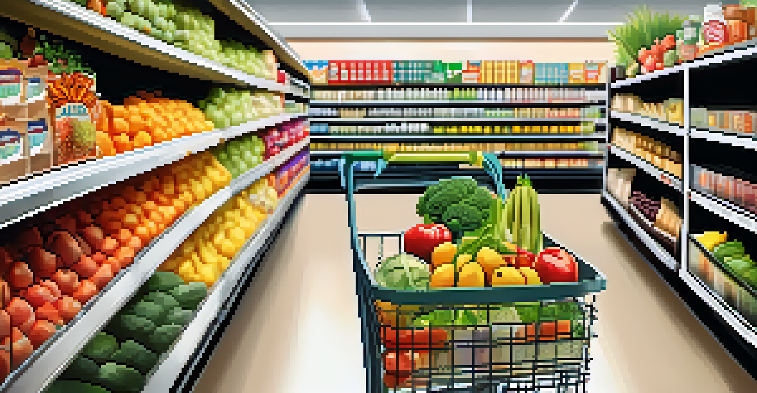 A grocery cart filled with colorful produce and allergen-free products in a well-lit grocery store aisle.