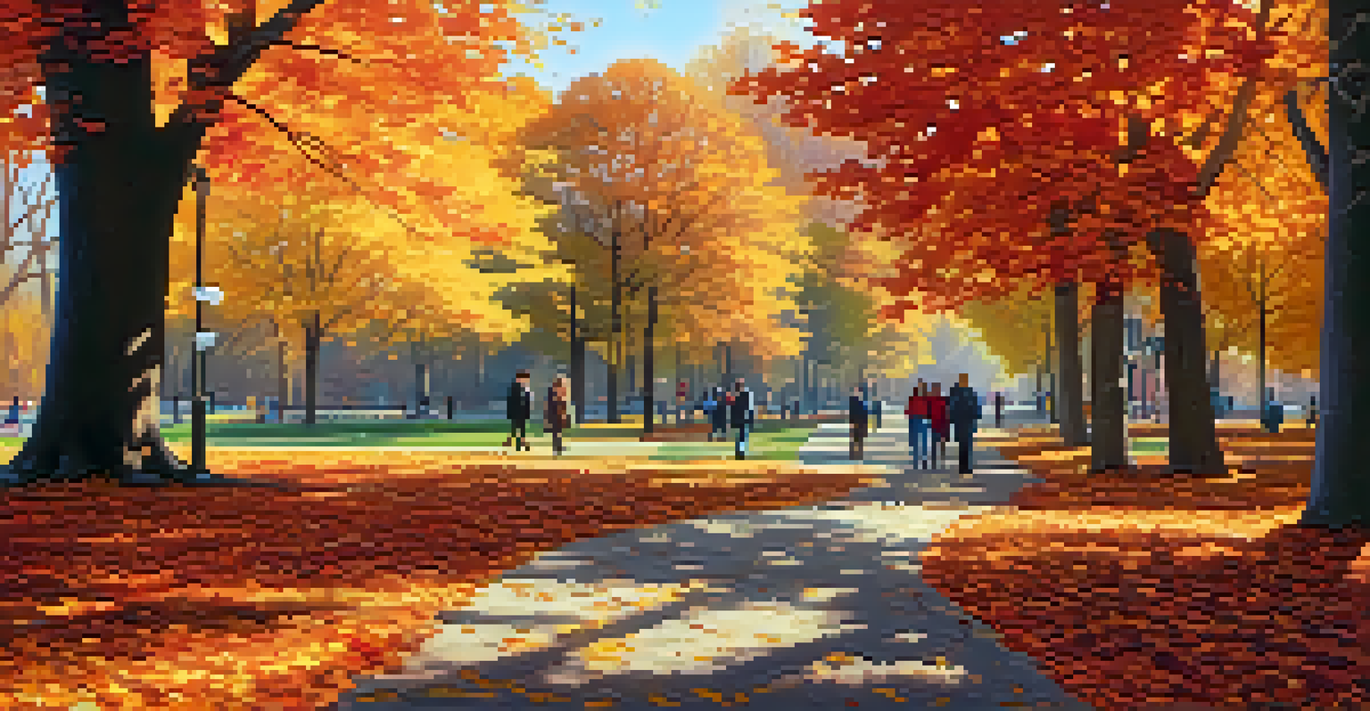 A beautiful autumn park filled with colorful leaves and people walking on a sunny day.