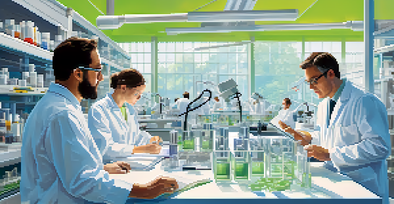 Researchers in a bright laboratory engaged in discussions about immune memory research, with scientific equipment and charts in the background.
