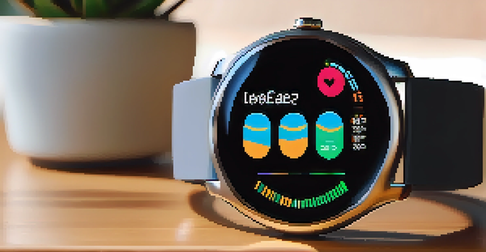 A smartwatch showing health data on a wooden table with a plant and coffee cup in the background.